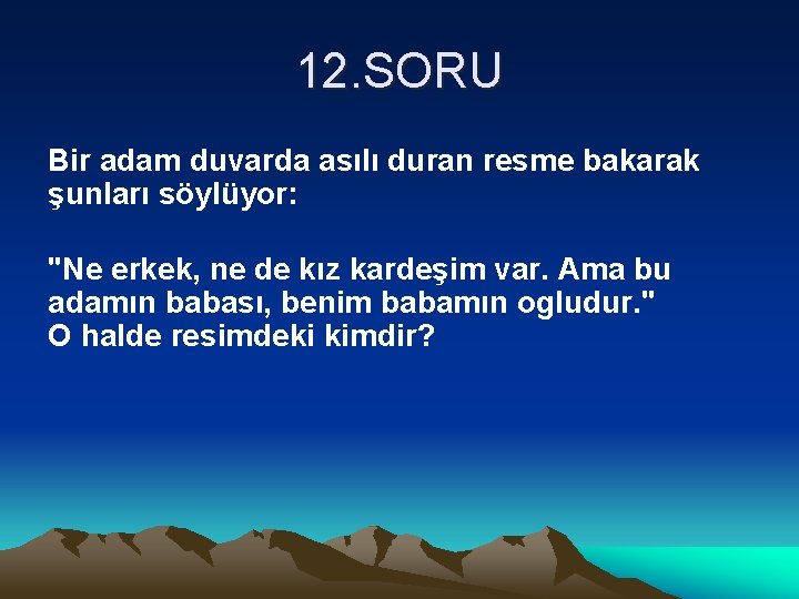 12. SORU Bir adam duvarda asılı duran resme bakarak şunları söylüyor: "Ne erkek, ne