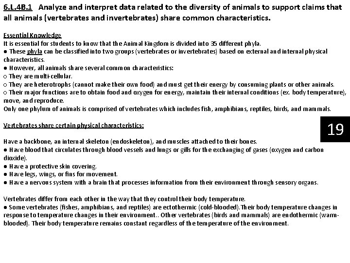 6. L. 4 B. 1 Analyze and interpret data related to the diversity of