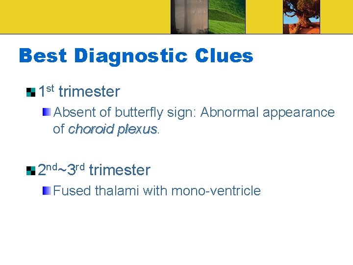 Best Diagnostic Clues 1 st trimester Absent of butterfly sign: Abnormal appearance of choroid