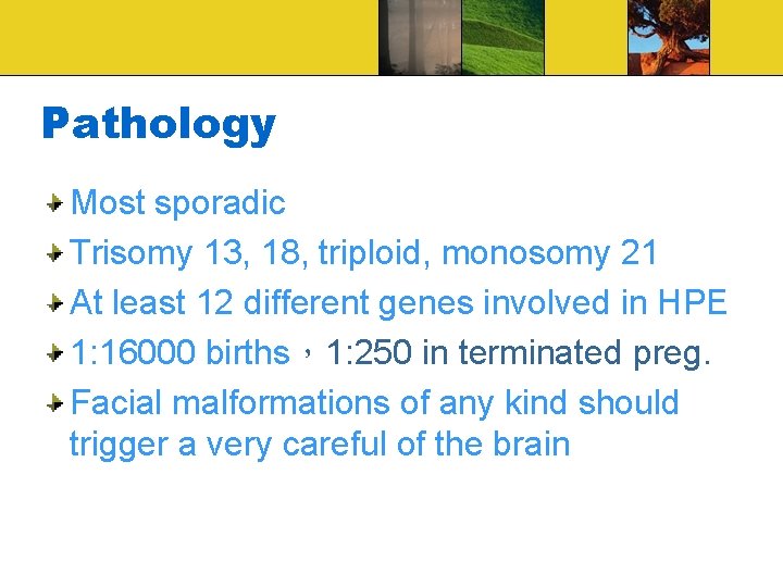 Pathology Most sporadic Trisomy 13, 18, triploid, monosomy 21 At least 12 different genes