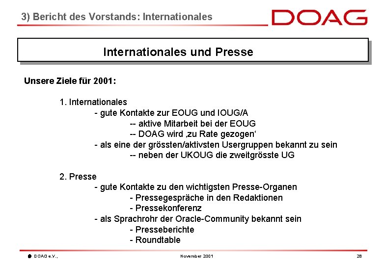 3) Bericht des Vorstands: Internationales und Presse Unsere Ziele für 2001: 1. Internationales -