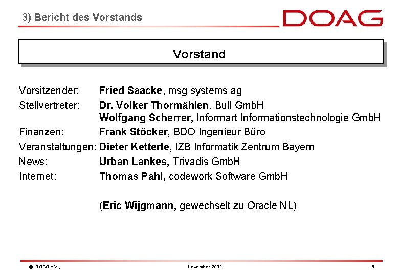 3) Bericht des Vorstand Vorsitzender: Stellvertreter: Fried Saacke, msg systems ag Dr. Volker Thormählen,