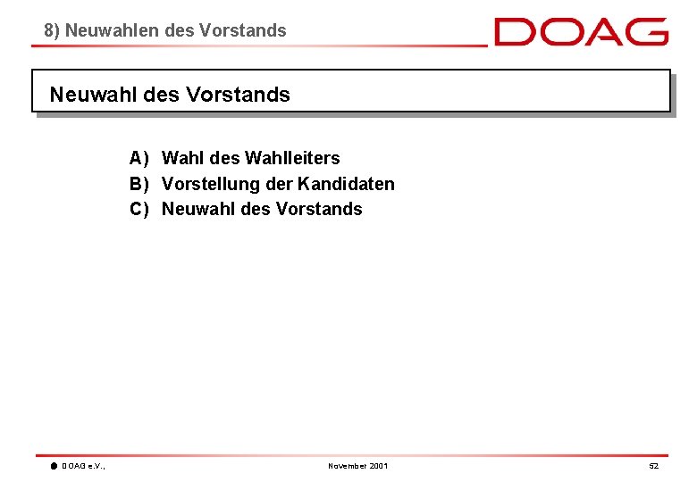 8) Neuwahlen des Vorstands Neuwahl des Vorstands A) Wahl des Wahlleiters B) Vorstellung der