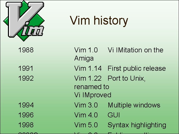 Vim history 1988 1991 1992 1994 1996 1998 Vim 1. 0 Vi IMitation on