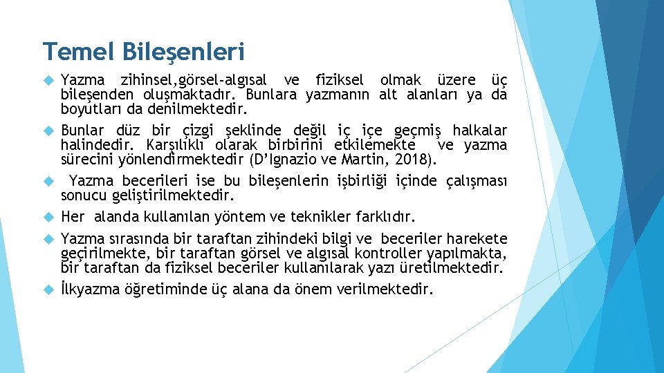 Temel Bileşenleri Yazma zihinsel, görsel-algısal ve fiziksel olmak üzere üç bileşenden oluşmaktadır. Bunlara yazmanın