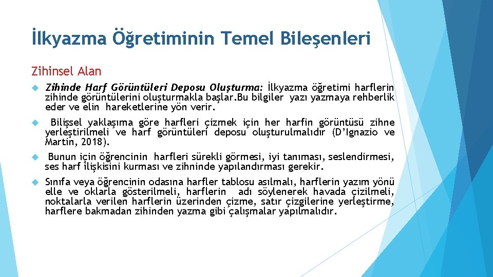 İlkyazma Öğretiminin Temel Bileşenleri Zihinsel Alan Zihinde Harf Görüntüleri Deposu Oluşturma: İlkyazma öğretimi harflerin