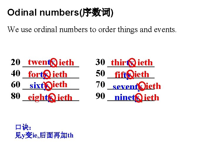 Odinal numbers(序数词) We use ordinal numbers to order things and events. twenty ieth 20