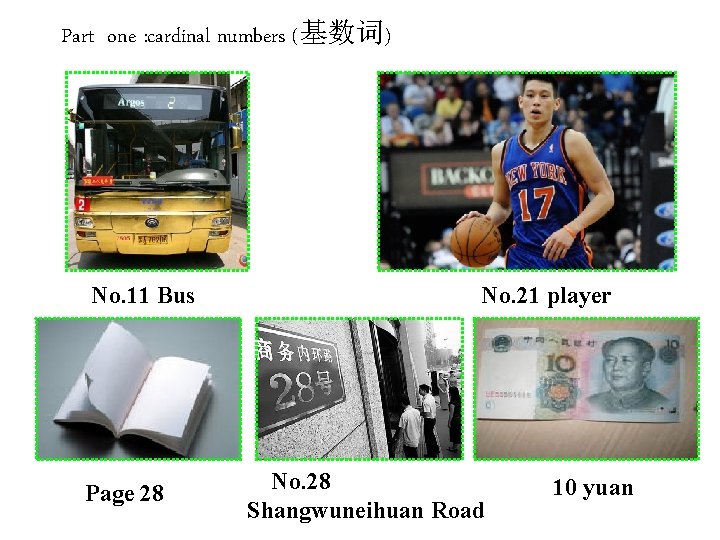 Part one : cardinal numbers (基数词) No. 11 Bus Page 28 No. 21 player