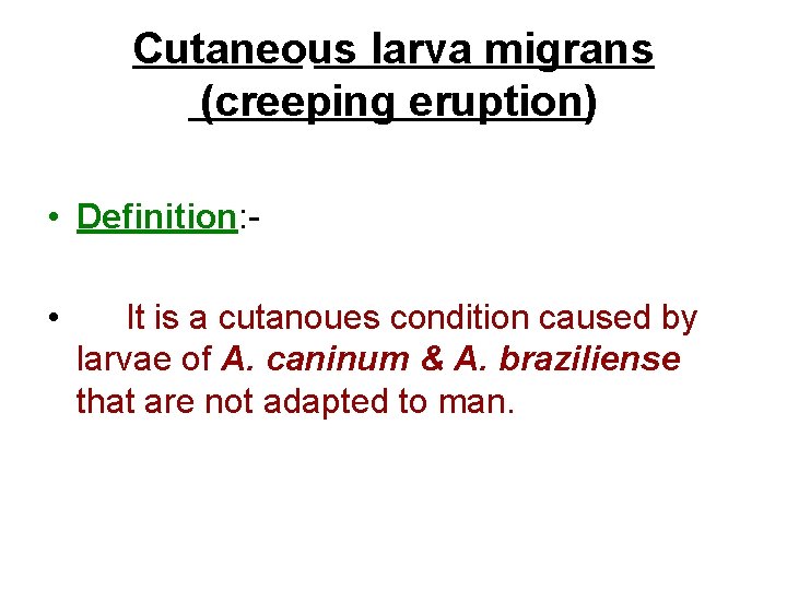 Cutaneous larva migrans (creeping eruption) • Definition: • It is a cutanoues condition caused