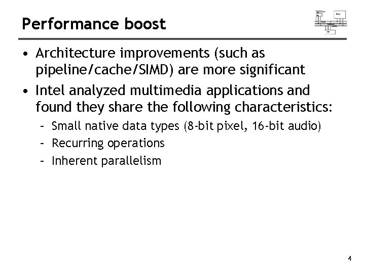Performance boost • Architecture improvements (such as pipeline/cache/SIMD) are more significant • Intel analyzed