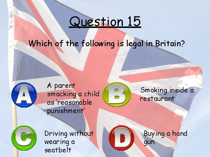 Question 15 Which of the following is legal in Britain? A parent smacking a