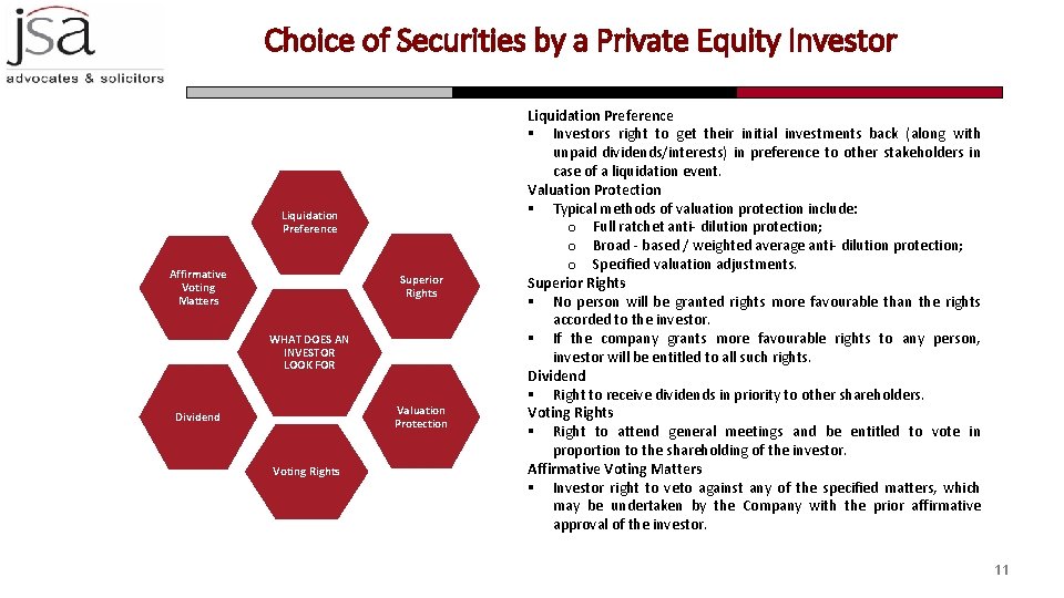 Choice of Securities by a Private Equity Investor Liquidation Preference Affirmative Voting Matters Superior