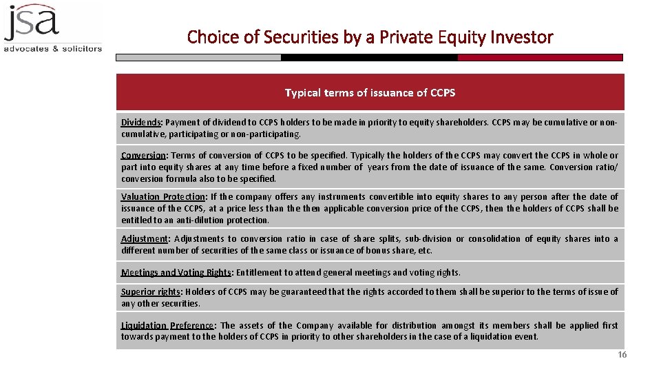 Choice of Securities by a Private Equity Investor Typical terms of issuance of CCPS