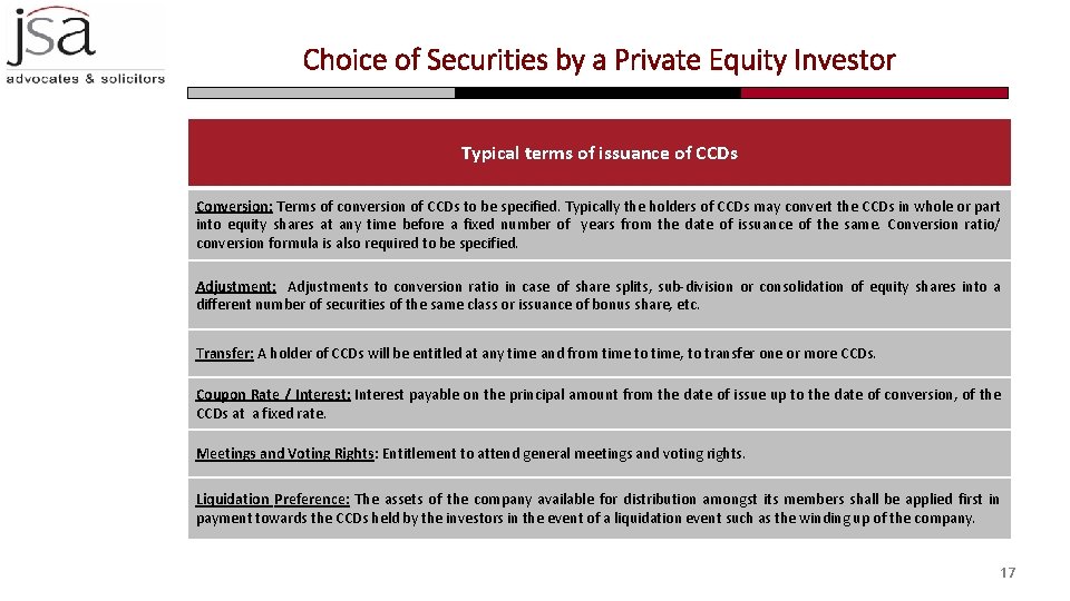 Choice of Securities by a Private Equity Investor Typical terms of issuance of CCDs