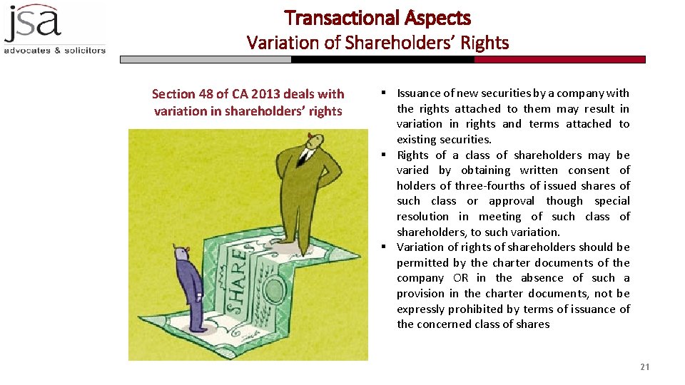 Transactional Aspects Variation of Shareholders’ Rights Section 48 of CA 2013 deals with variation