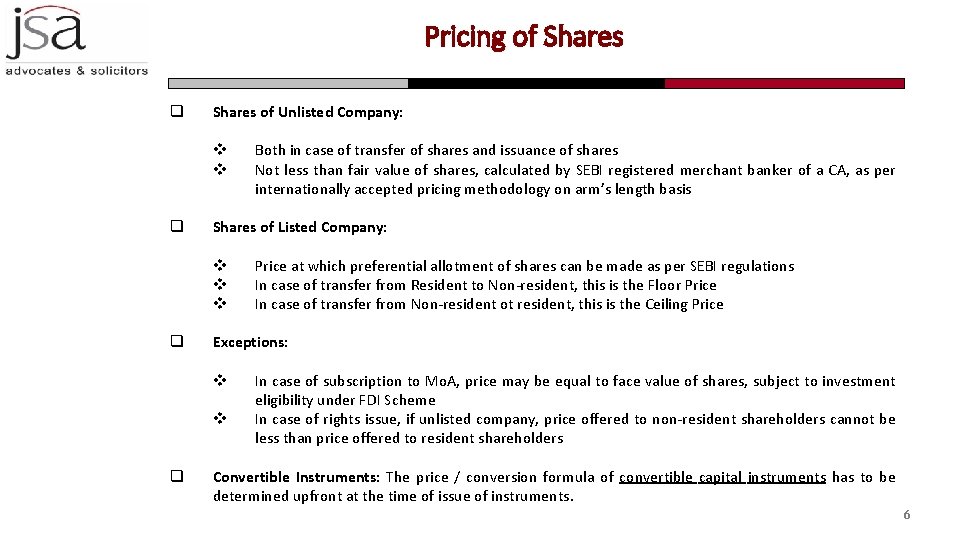 Pricing of Shares q Shares of Unlisted Company: v v q Shares of Listed