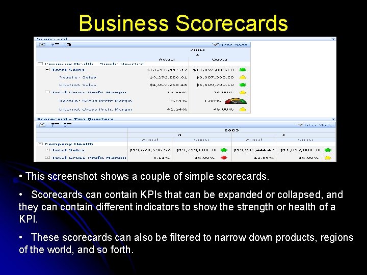 Business Scorecards • This screenshot shows a couple of simple scorecards. • Scorecards can