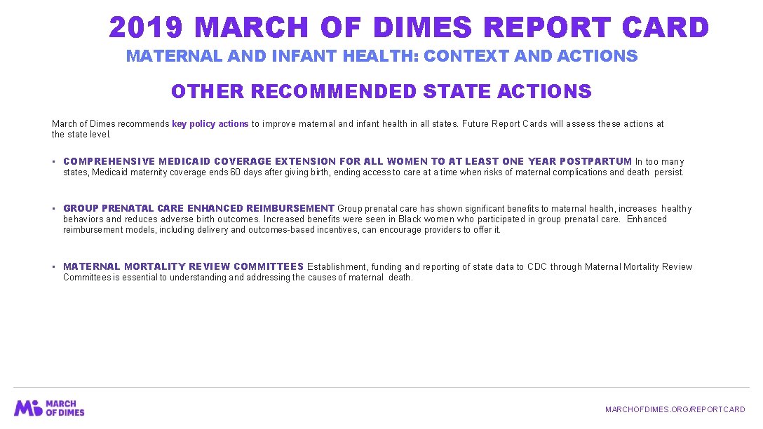 2019 MARCH OF DIMES REPORT CARD MATERNAL AND INFANT HEALTH: CONTEXT AND ACTIONS OTHER