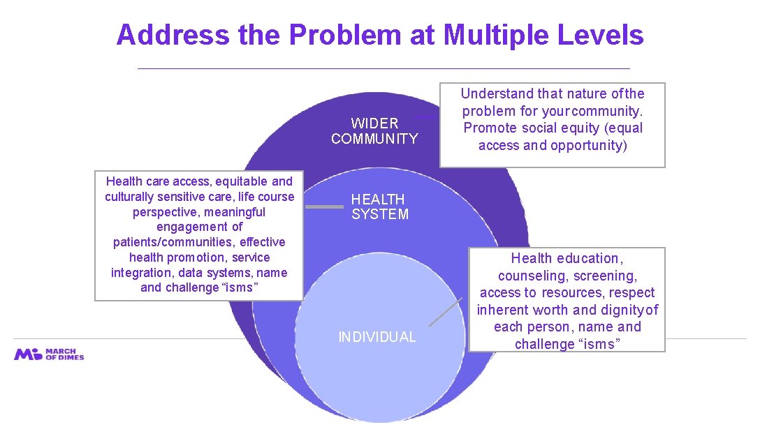 Address the Problem at Multiple Levels WIDER COMMUNITY Health care access, equitable and culturally