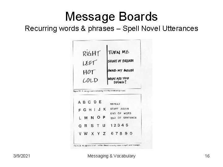 Message Boards Recurring words & phrases – Spell Novel Utterances 3/9/2021 Messaging & Vocabulary