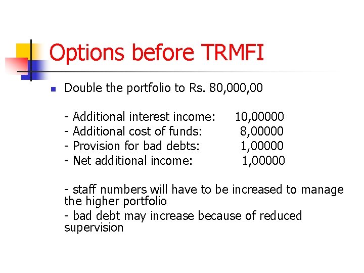 Options before TRMFI n Double the portfolio to Rs. 80, 00 - Additional interest