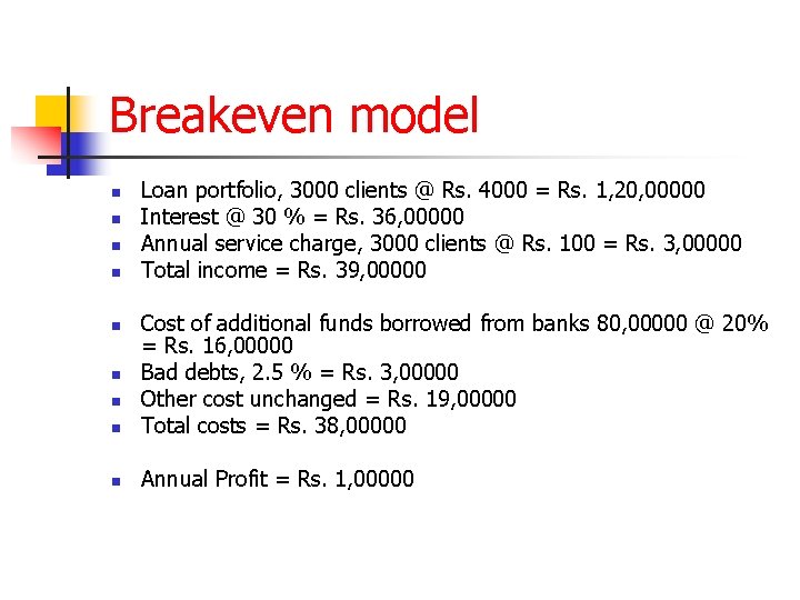 Breakeven model n n Loan portfolio, 3000 clients @ Rs. 4000 = Rs. 1,