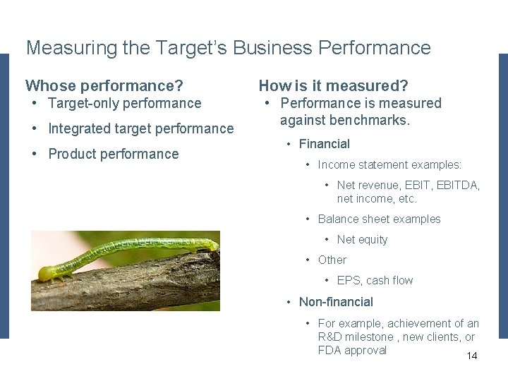 Measuring the Target’s Business Performance Whose performance? • Target-only performance • Integrated target performance