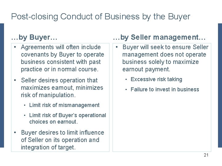 Post-closing Conduct of Business by the Buyer …by Buyer… • Agreements will often include