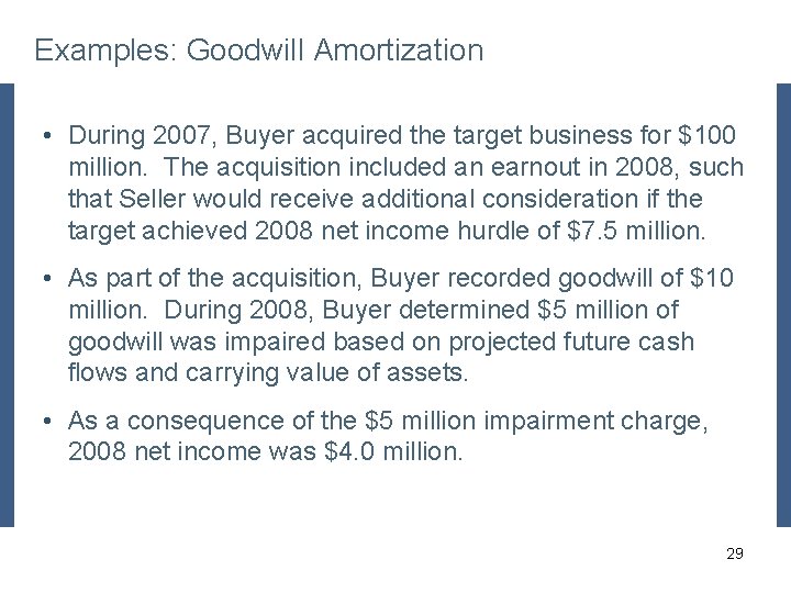 Examples: Goodwill Amortization • During 2007, Buyer acquired the target business for $100 million.