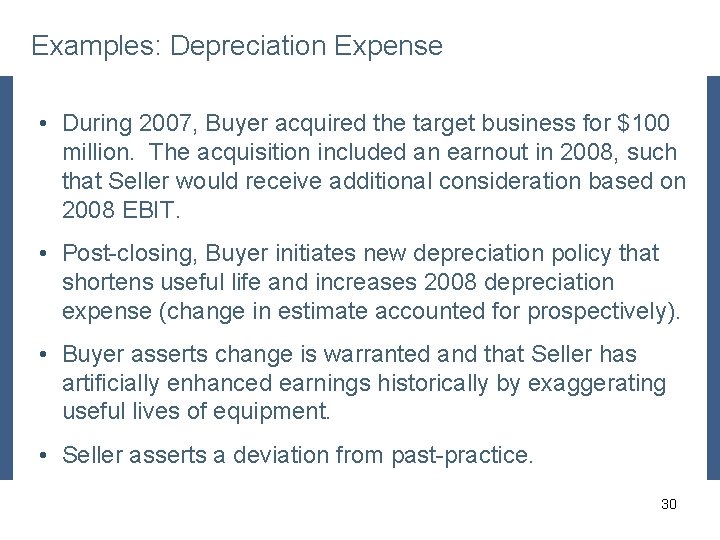 Examples: Depreciation Expense • During 2007, Buyer acquired the target business for $100 million.