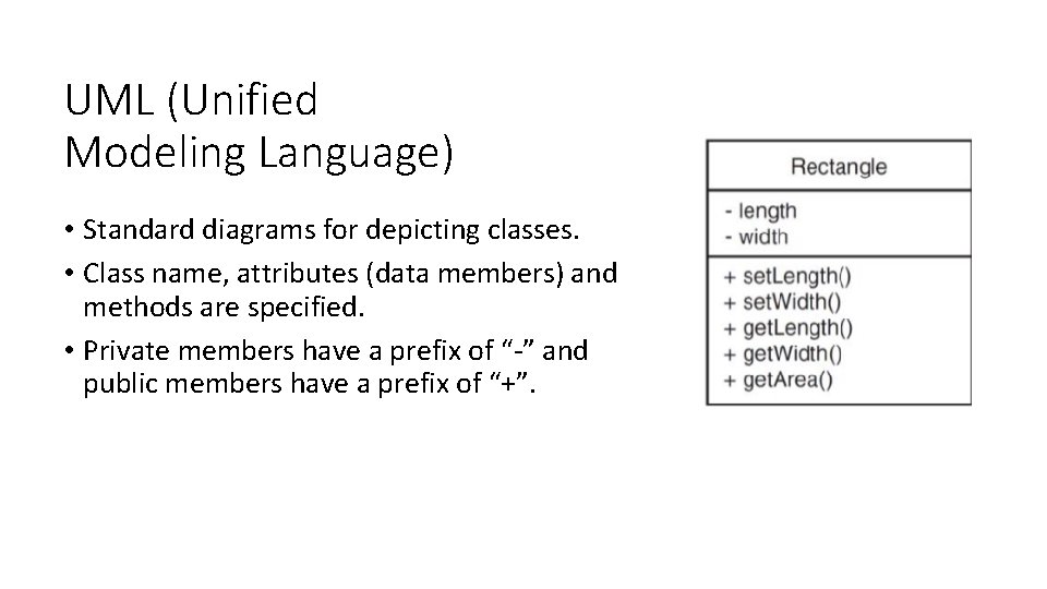UML (Unified Modeling Language) • Standard diagrams for depicting classes. • Class name, attributes