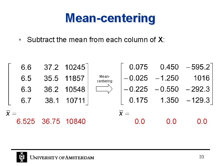 Mean-centering • Subtract the mean from each column of X: Meancentering 6. 525 36. Mean-centering • Subtract the mean from each column of X: Meancentering 6. 525 36.
