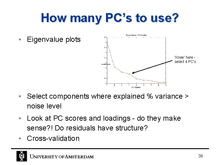 How many PC’s to use? • Eigenvalue plots ‘Knee’ here select 4 PC’s • How many PC’s to use? • Eigenvalue plots ‘Knee’ here select 4 PC’s •