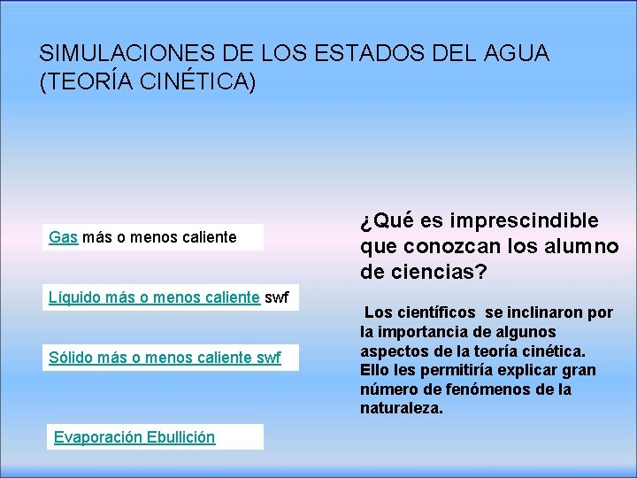 SIMULACIONES DE LOS ESTADOS DEL AGUA (TEORÍA CINÉTICA) Gas más o menos caliente Líquido