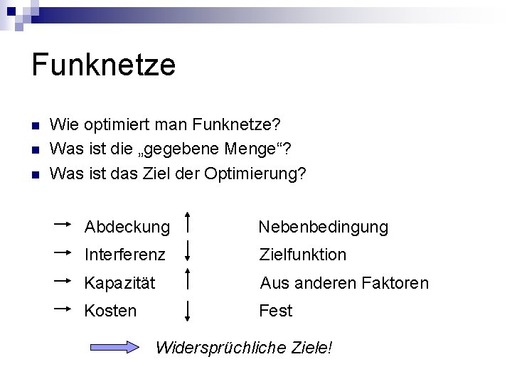 Funknetze n n n Wie optimiert man Funknetze? Was ist die „gegebene Menge“? Was