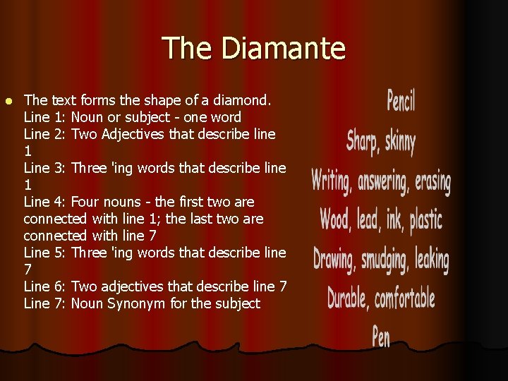 The Diamante l The text forms the shape of a diamond. Line 1: Noun