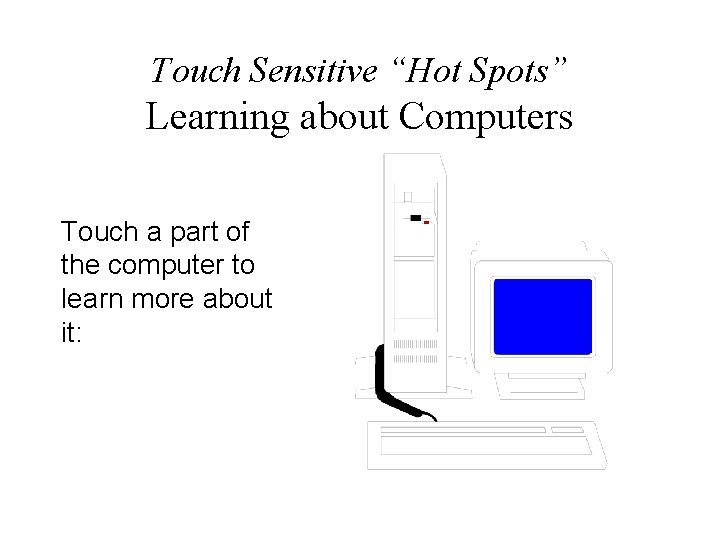 Touch Sensitive “Hot Spots” Learning about Computers Touch a part of the computer to Touch Sensitive “Hot Spots” Learning about Computers Touch a part of the computer to