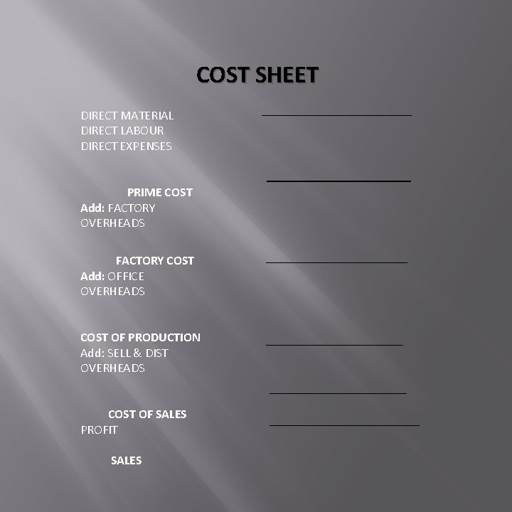 COST SHEET DIRECT MATERIAL DIRECT LABOUR DIRECT EXPENSES PRIME COST Add: FACTORY OVERHEADS FACTORY