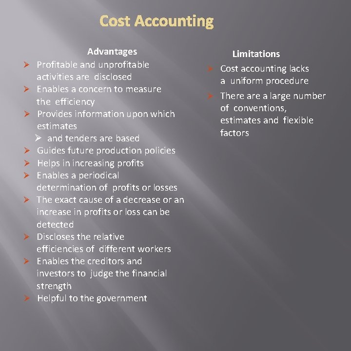 Cost Accounting Ø Ø Ø Ø Ø Advantages Profitable and unprofitable activities are disclosed