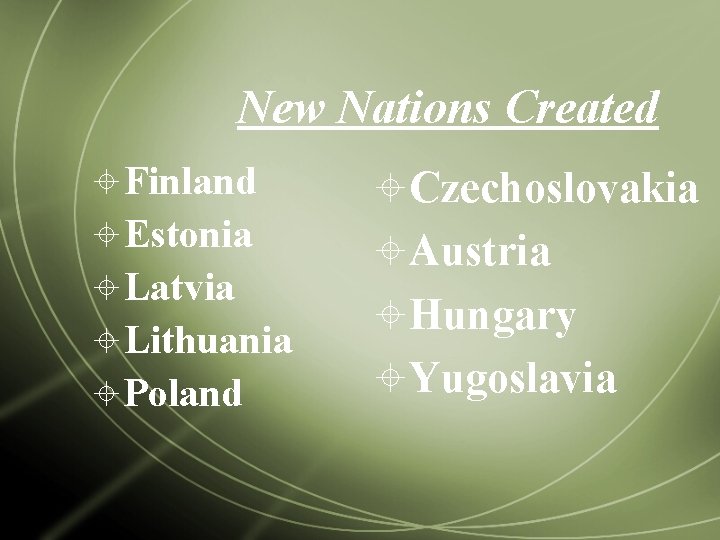 New Nations Created Finland Estonia Latvia Lithuania Poland Czechoslovakia Austria Hungary Yugoslavia 