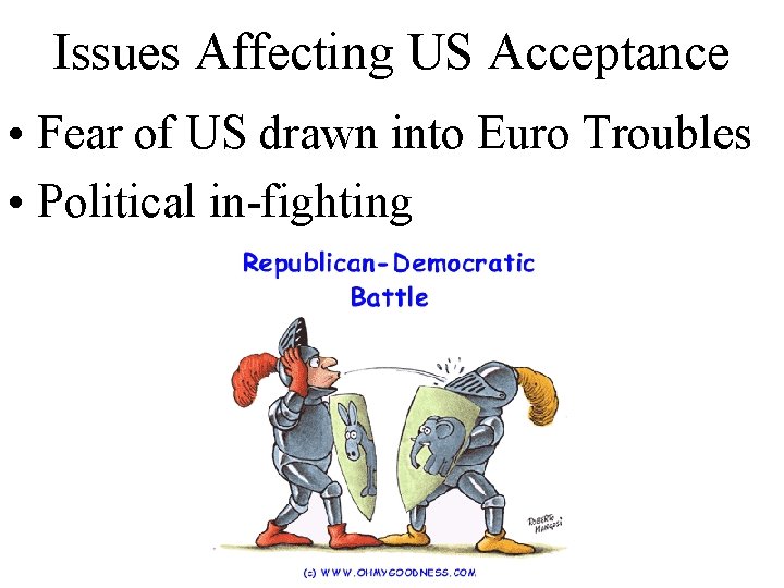 Issues Affecting US Acceptance • Fear of US drawn into Euro Troubles • Political