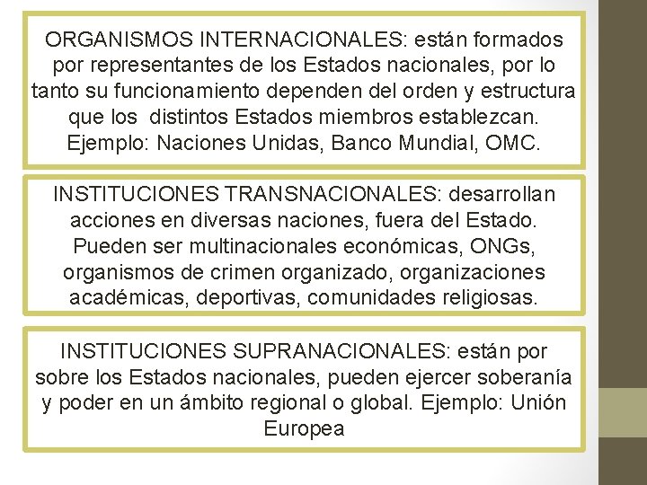 ORGANISMOS INTERNACIONALES: están formados por representantes de los Estados nacionales, por lo tanto su