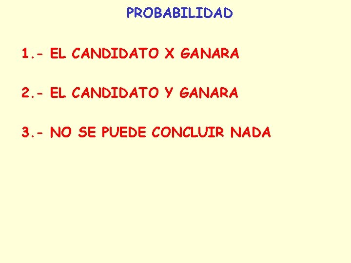 PROBABILIDAD 1. - EL CANDIDATO X GANARA 2. - EL CANDIDATO Y GANARA 3.