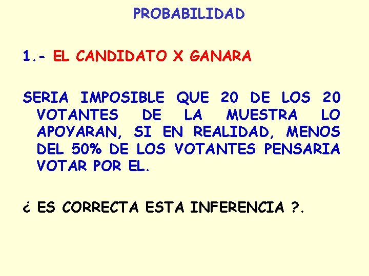 PROBABILIDAD 1. - EL CANDIDATO X GANARA SERIA IMPOSIBLE QUE 20 DE LOS 20