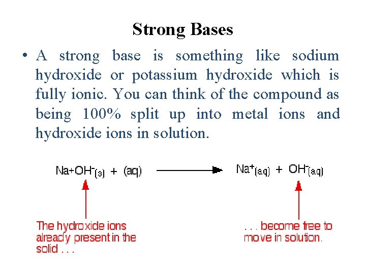 Strong Bases • A strong base is something like sodium hydroxide or potassium hydroxide