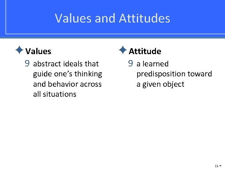 Values and Attitudes ✦Values 9 abstract ideals that guide one’s thinking and behavior across