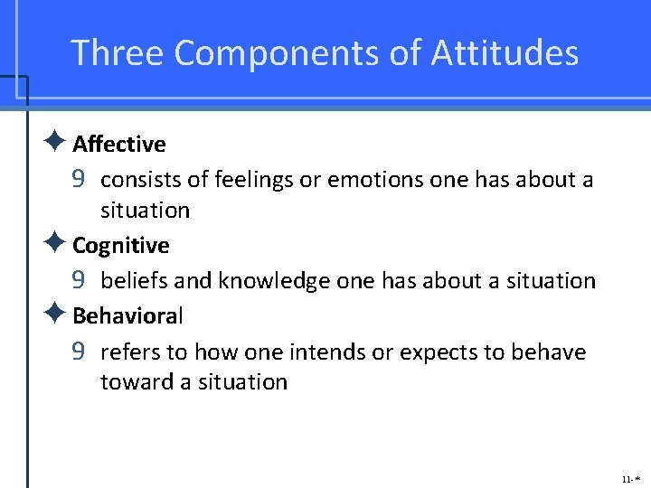 Three Components of Attitudes ✦Affective 9 consists of feelings or emotions one has about