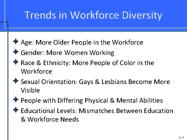 Trends in Workforce Diversity ✦Age: More Older People in the Workforce ✦Gender: More Women