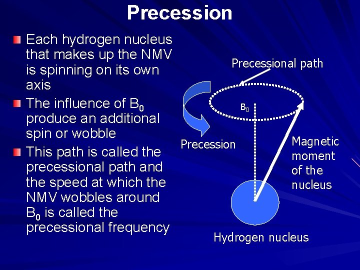 Precession Each hydrogen nucleus that makes up the NMV Precessional path is spinning on