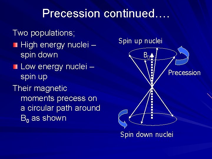 Precession continued…. Two populations; High energy nuclei – spin down Low energy nuclei –